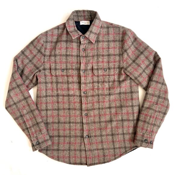 John Elliott Men's Wool Jacket Shirt Grey Flannel Striped Plaid Button Size S